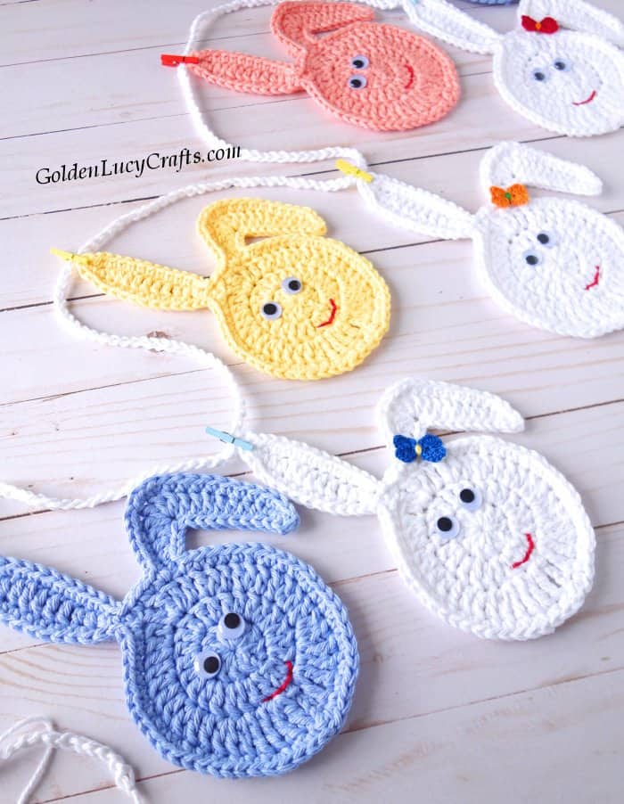 Crochet Easter bunny garland close up picture.