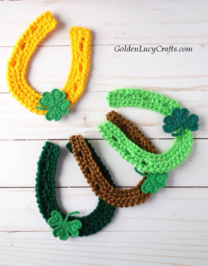 Crochet horseshoe applique, free crochet pattern, St. Patrick's Day, lucky horseshoe, shamrock