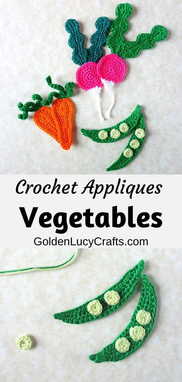 Crocheted applique veggies radish, pea, carrot.