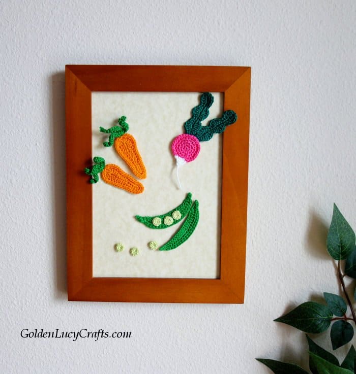 Crochet vegetables, radish, carrot, peas applique, motifs, embellishment, wall art, kitchen decor, home decoration, free crochet pattern
