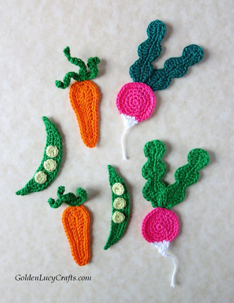 Crochet vegetables - radiish, pea and carrot appliques.