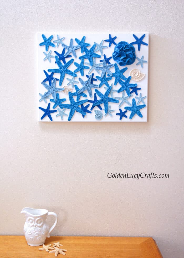 Crochet home decor - crochet sea stars, sea sells, hyperbolic coral, canvas