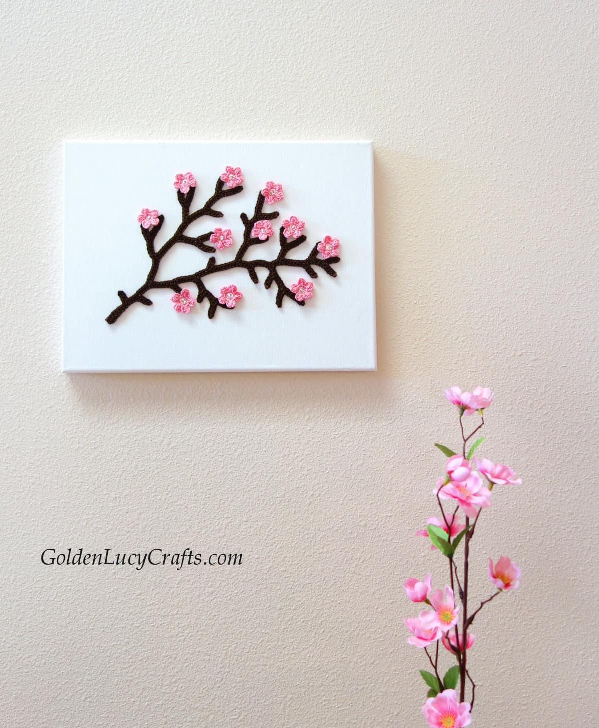 Crochet wall art - blossoming spring tree branch.