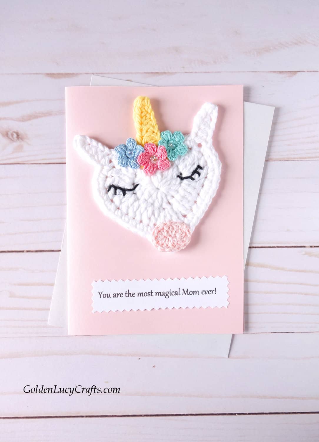 Mother's Day handmade card with crocheted unicorn.