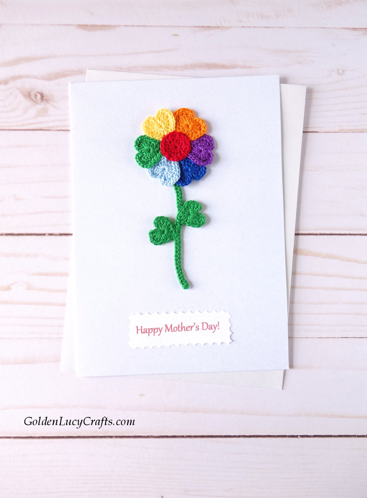 Mother's Day handmade card with crocheted flower applique.