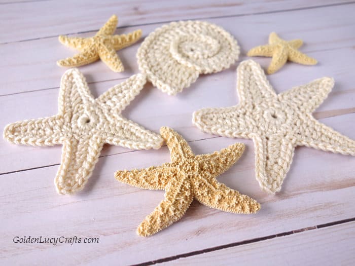 Crochet seashell, starfish appliques and real starfish