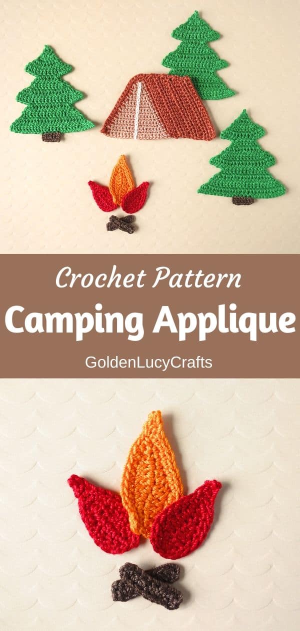 Crochet camping applique - tent, campfire, trees.