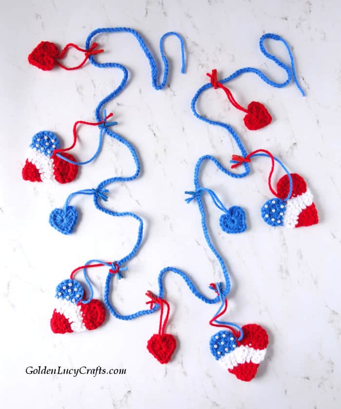 Crochet patriotic garland, bunting, hearts