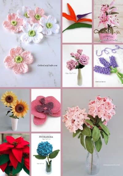 Crochet realistic flowers photo collage.