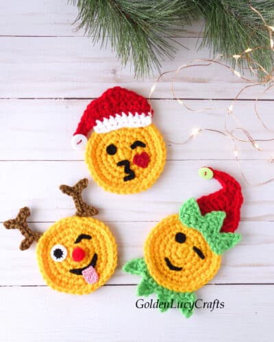 Crochet Christmas emoji appliques Santa, reindeer, elf.