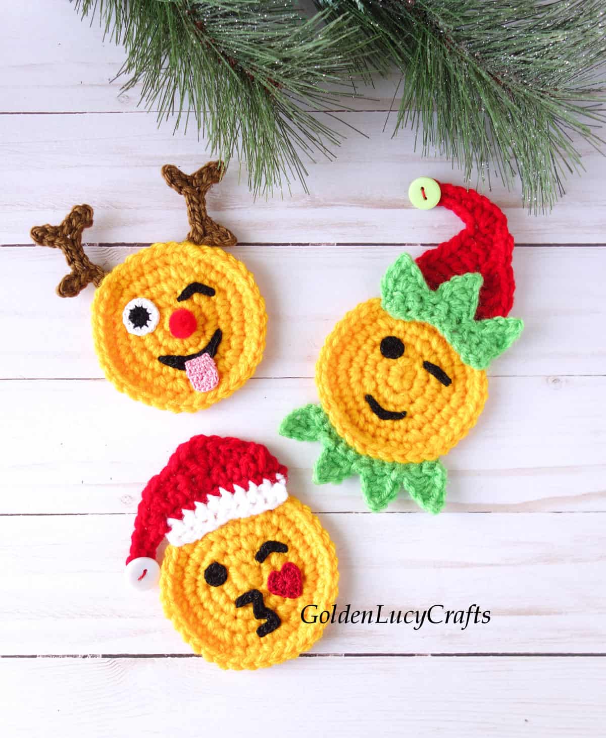 Crochet Christmas emojis - Santa, reindeer, elf.