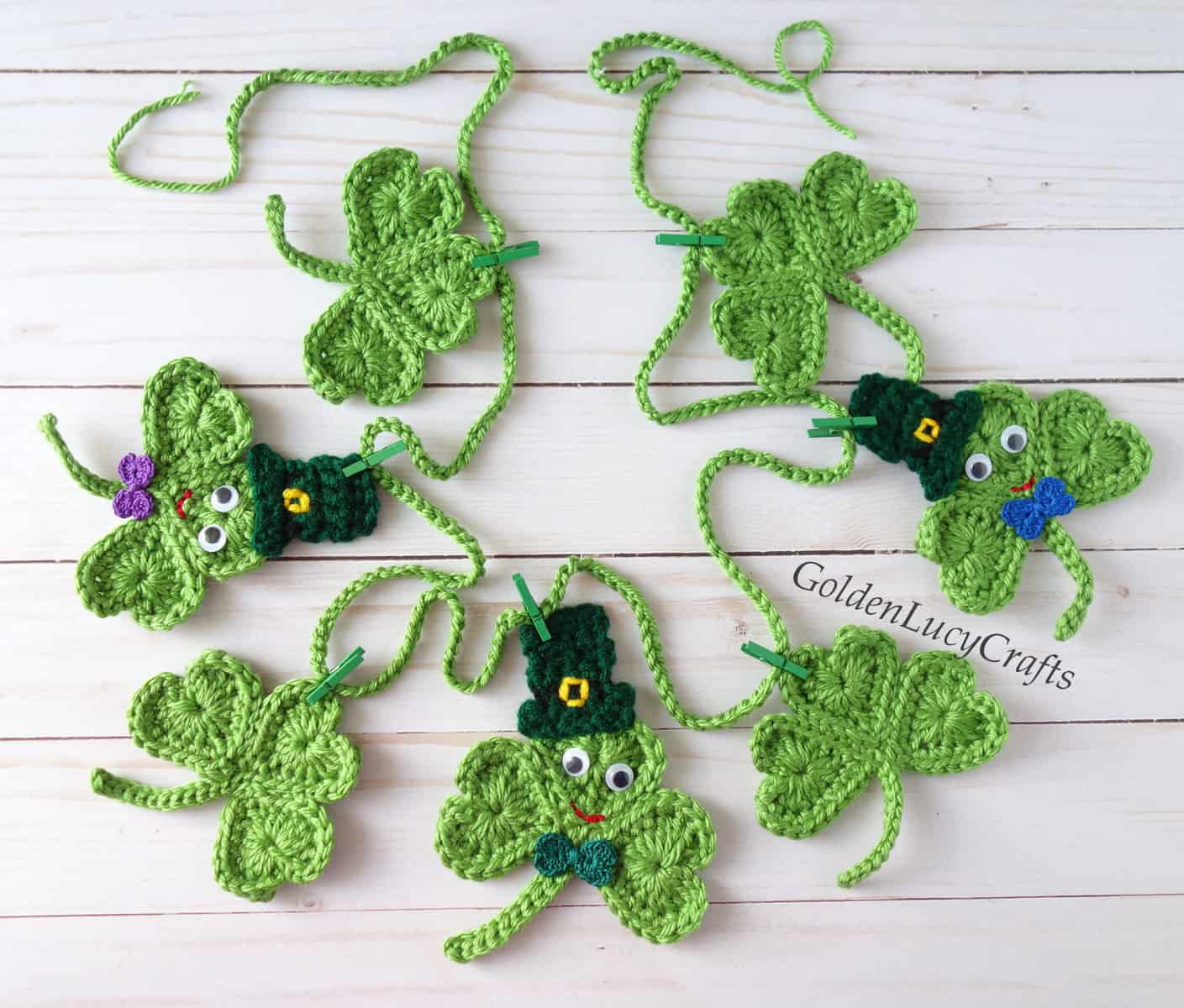 Crochet shamrock garland for St. Patrick's Day.