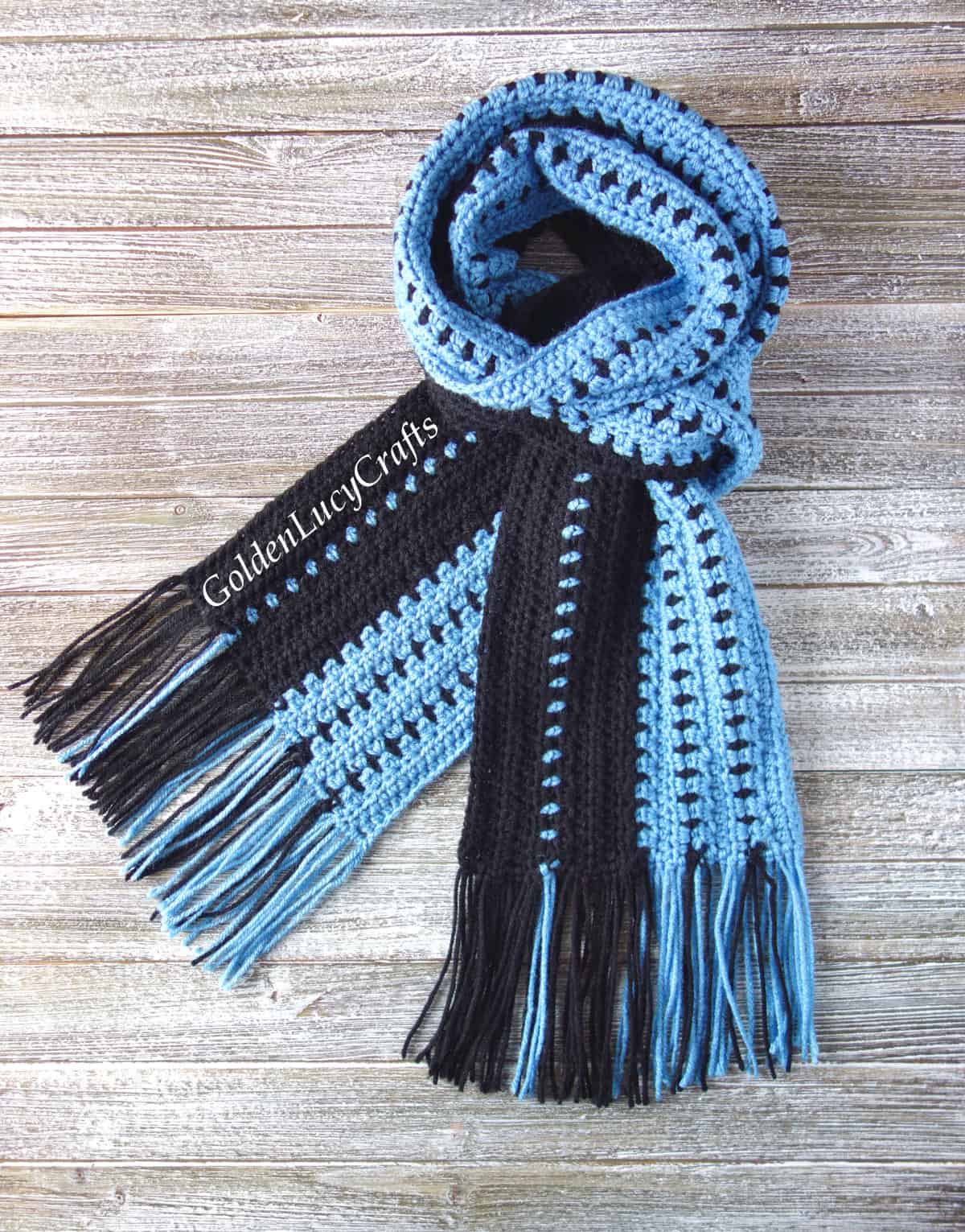 Crochet scarf for men in blue and black colors.