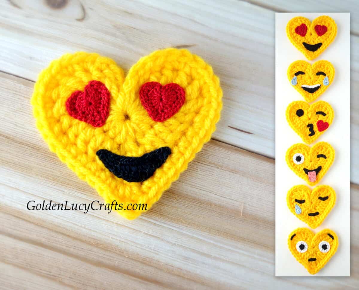 Crochet heart-shaped emoji applique heart eyes emoji in the center, six small emojis in the column on the right. 