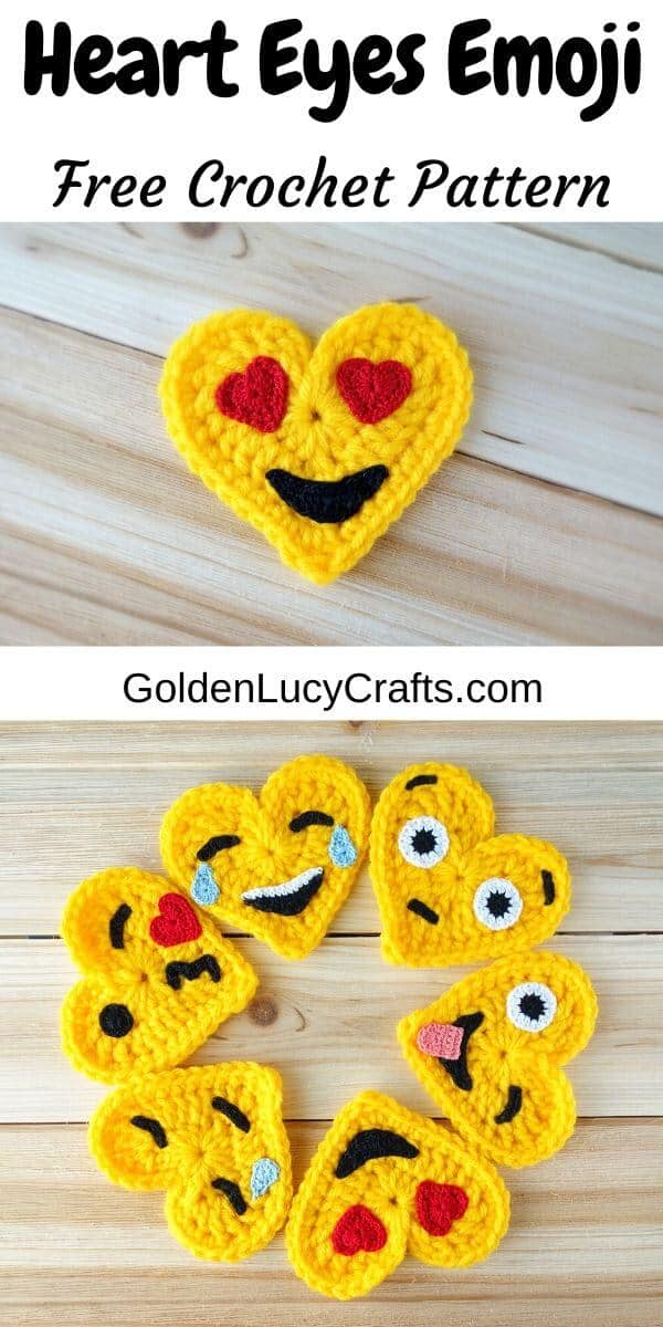 Crocheted heart eyes emoji on top, six heart emojis in circle at the bottom.