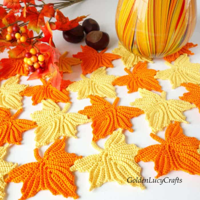 Crochet maple leaves table decoration.