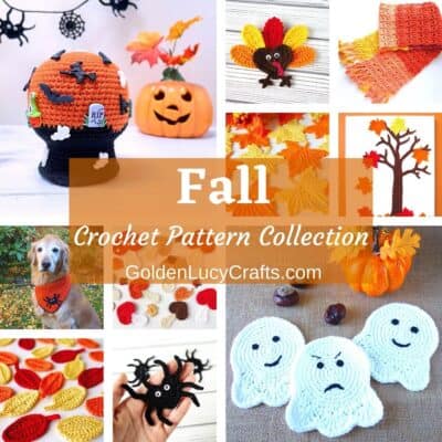 Photo collage of the Fall-themed crocheted items, overlay text saying Fall crochet pattern collection goldenlucycrafts.com.