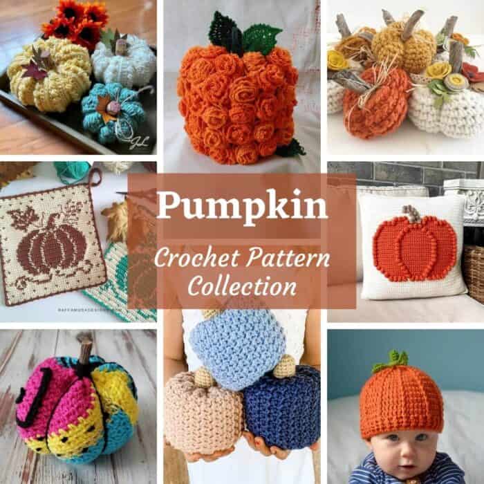 Photo collage of crocheted pumpkins, overlay text saying pumpkin crochet pattern collection.