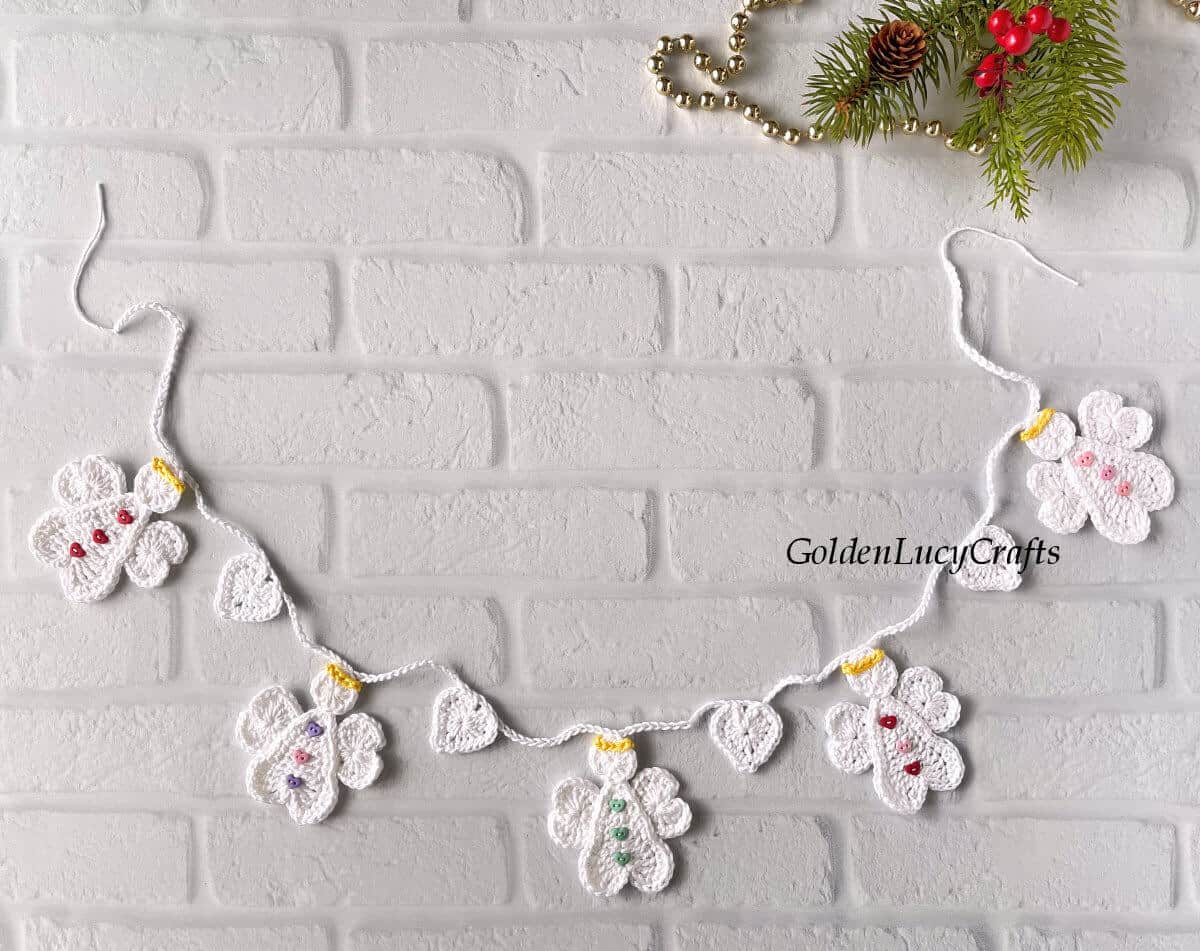 Crocheted garland angels and hearts.