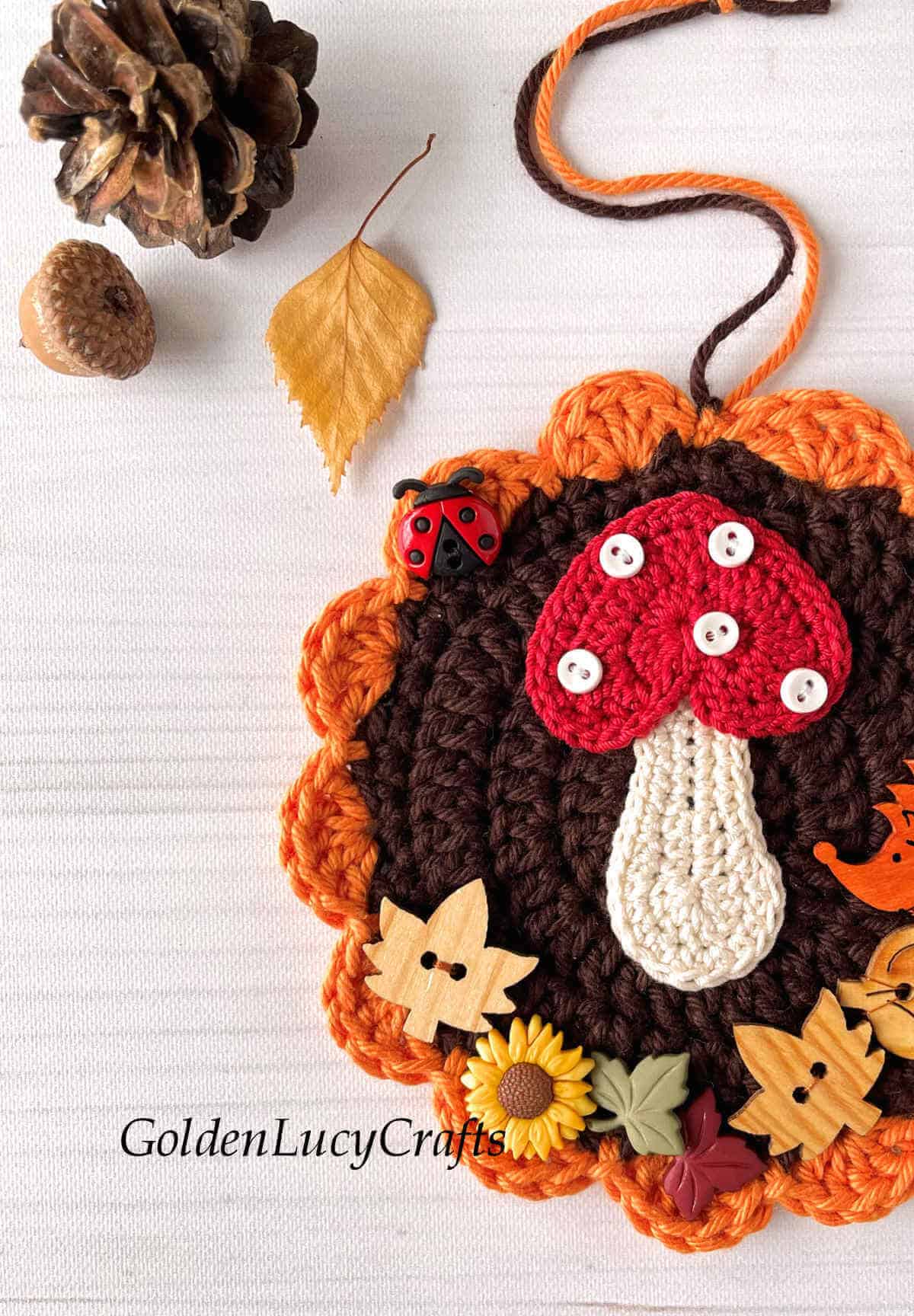 Crochet Fall mushroom ornament close up picture.