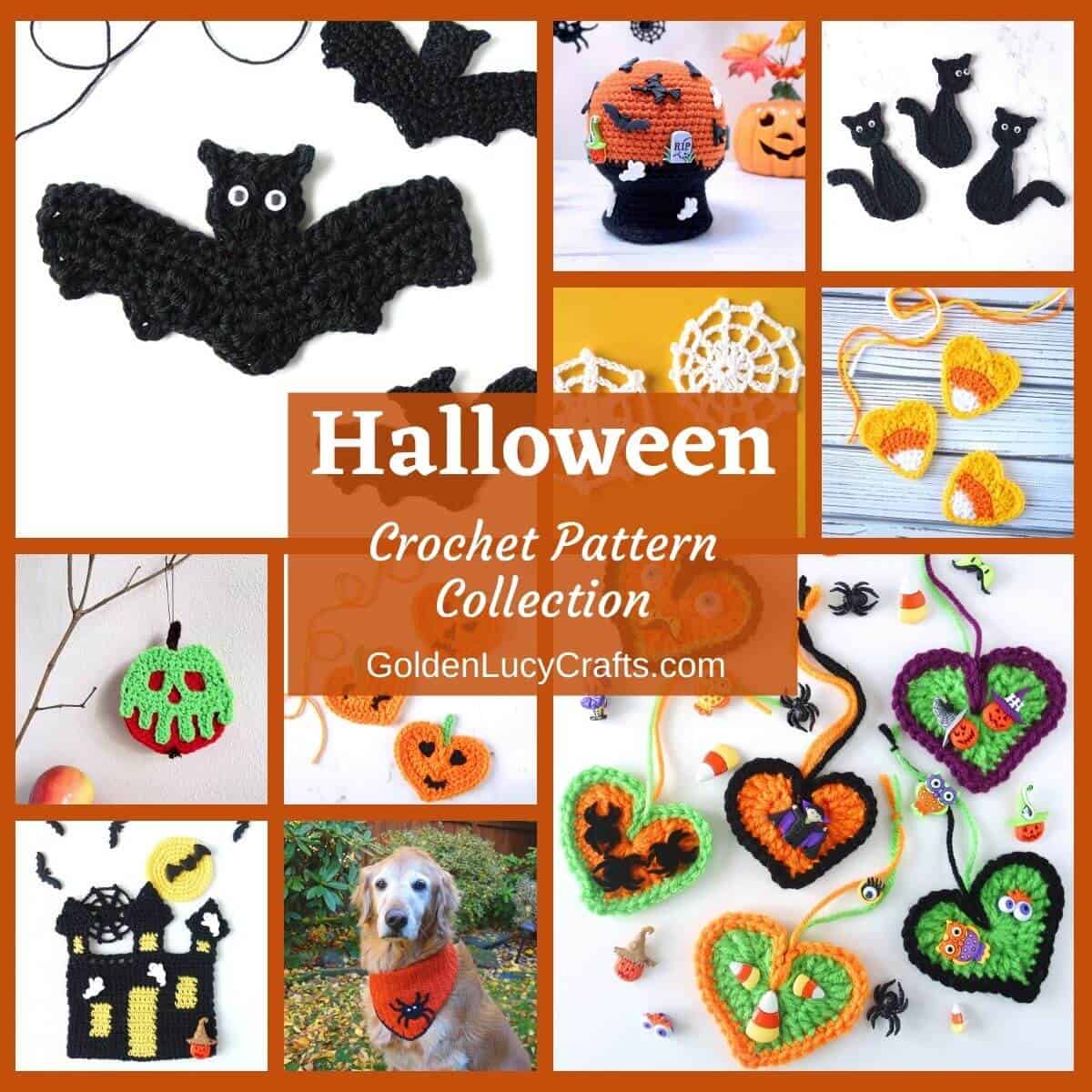 Crochet Halloween themed designs photo collage, overlay text saying Halloween crochet pattern collection goldenlucycrafts dot com.