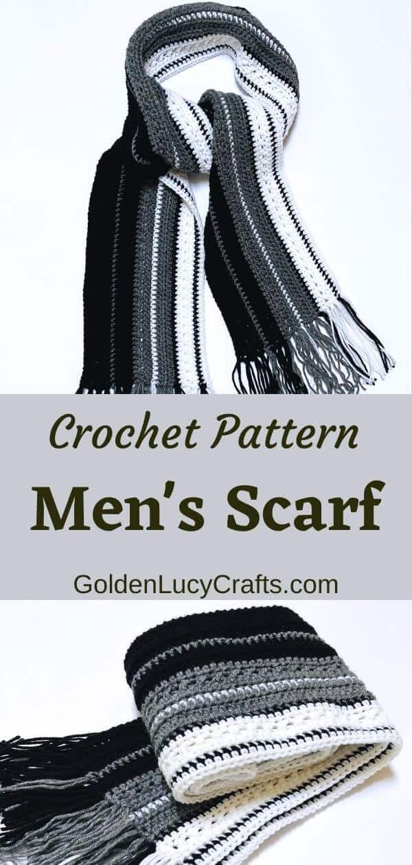 Crocheted scarf in white, grey and black colors, text saying crochet pattern men's scarf goldenlucycrafts dot com.