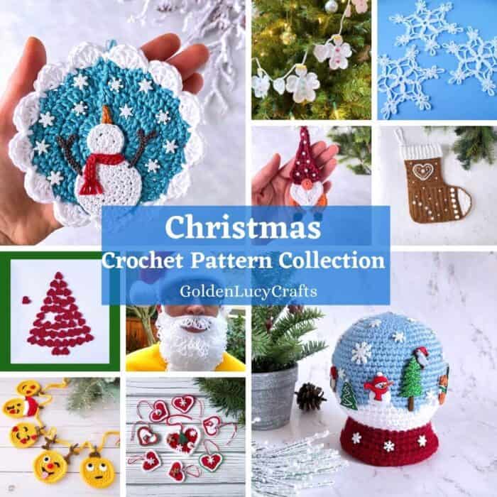 Photo collage of crochet Christmas patterns.