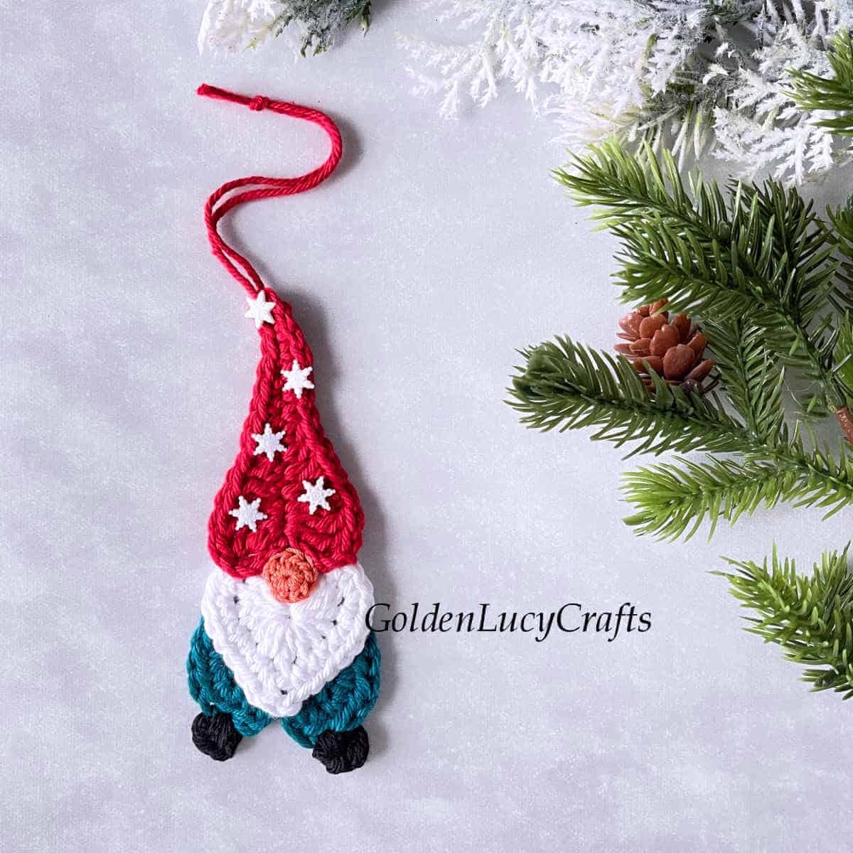 Crocheted heart gnome ornament.