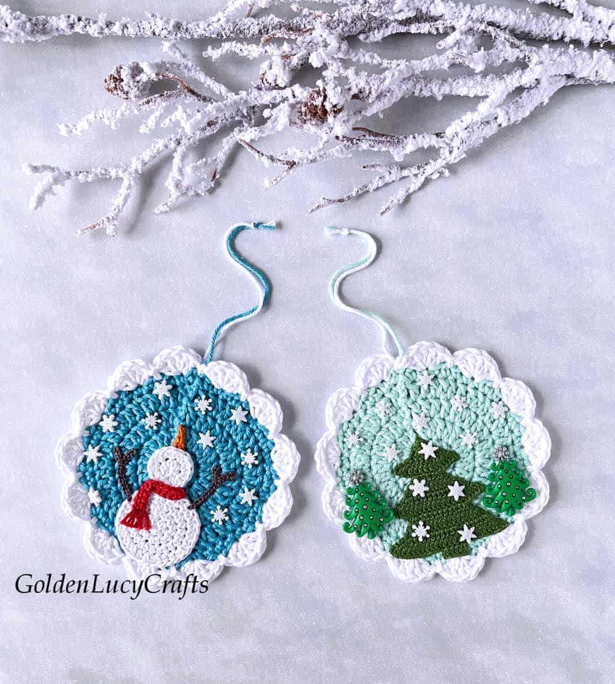 Two crochet winter themed ornaments.
