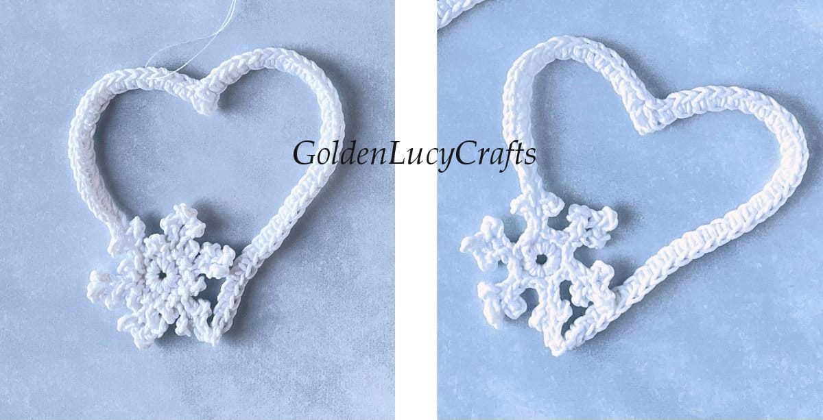 Two versions of snowflake heart with two different snowflakes.