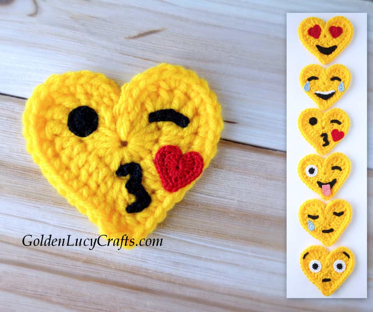 Crochet heart-shaped emoji blowing a kiss.