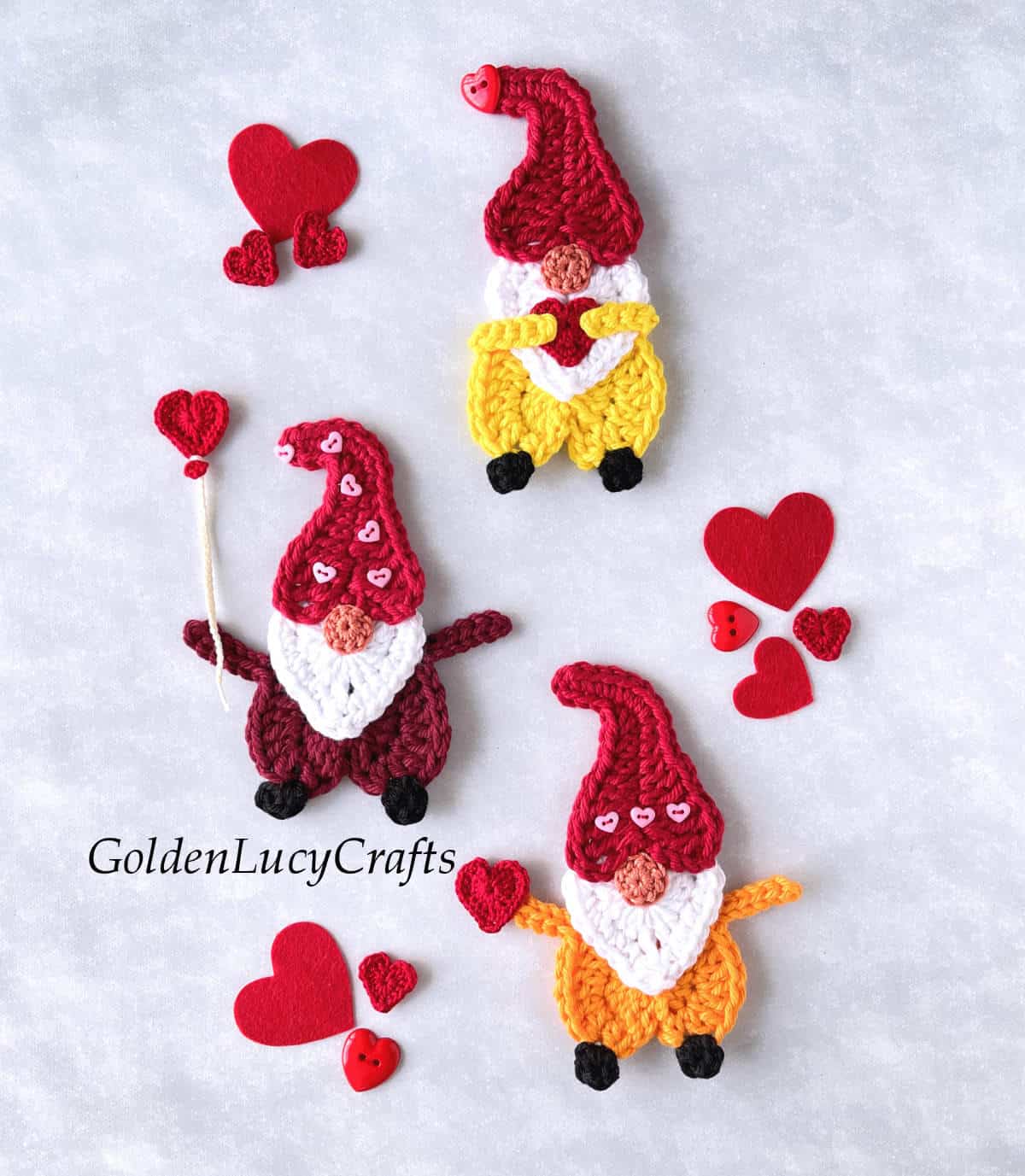 Crochet Valentine's Day gnome appliques.