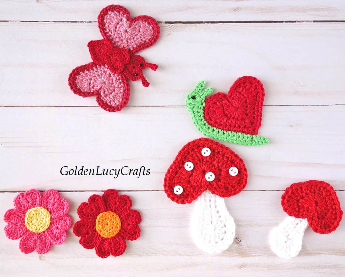 Crochet appliques - butterfly, flowers, mushrooms and snail.
