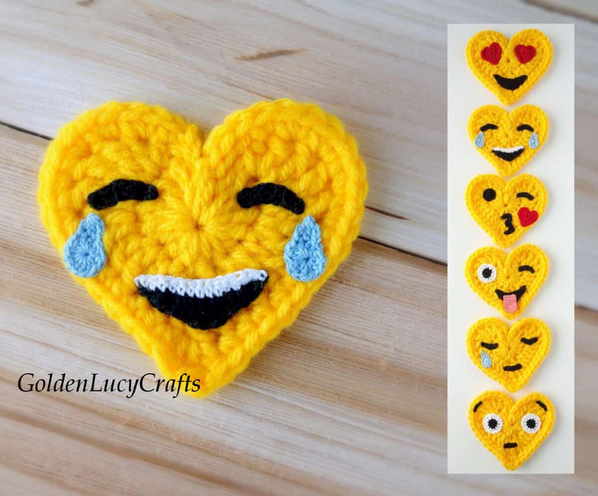 Crocheted heart emoji tears of joy, small six emojis on the right.