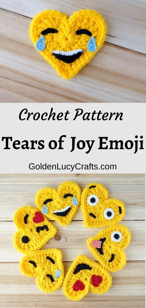 Crochet heart-shape tears of joy emoji on top, six heart-shaped emojis at the bottom.
