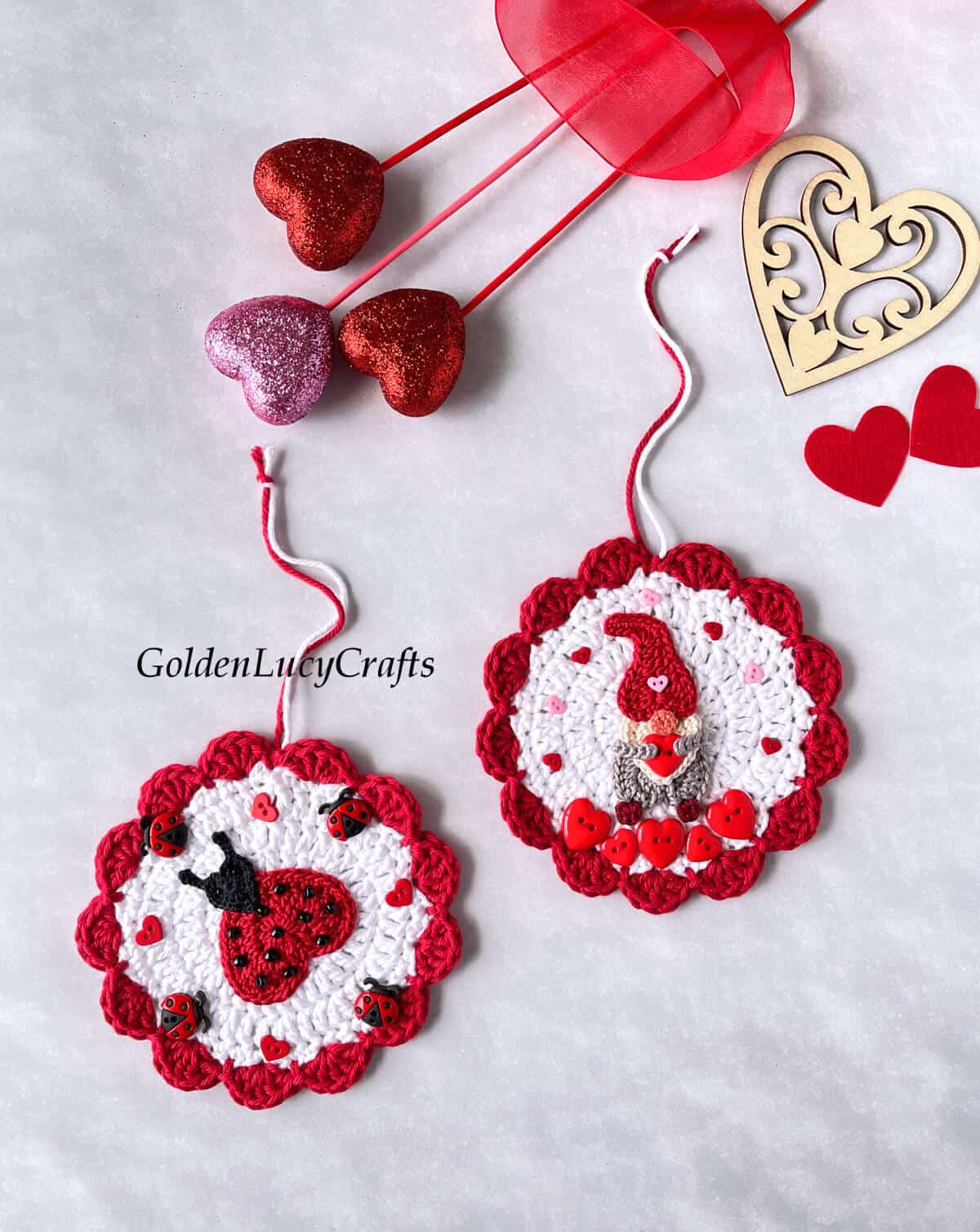 Two crocheted ornaments for Valentine's Day.