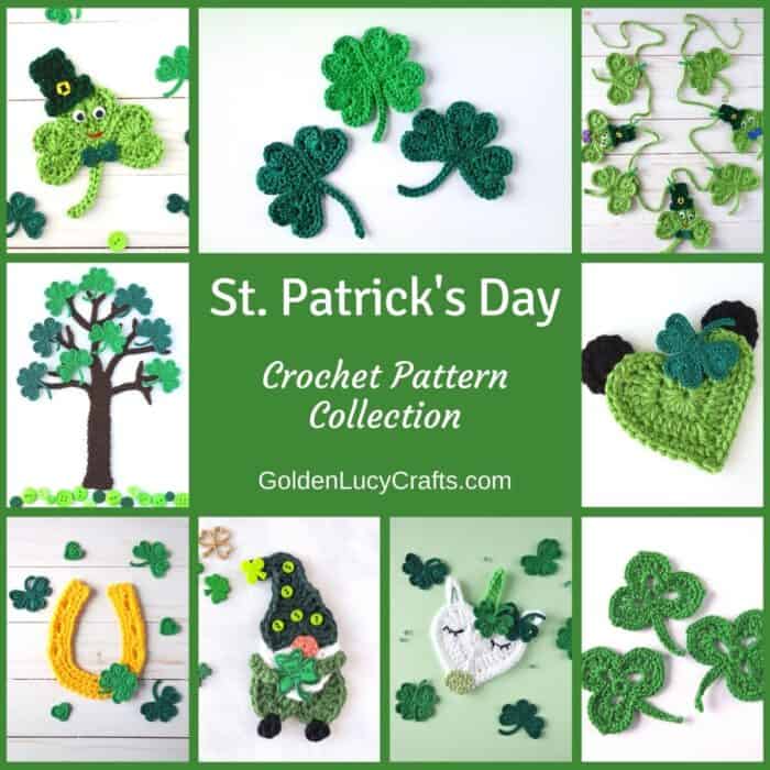 Photo collage of crocheted items for St Patrick's Day.