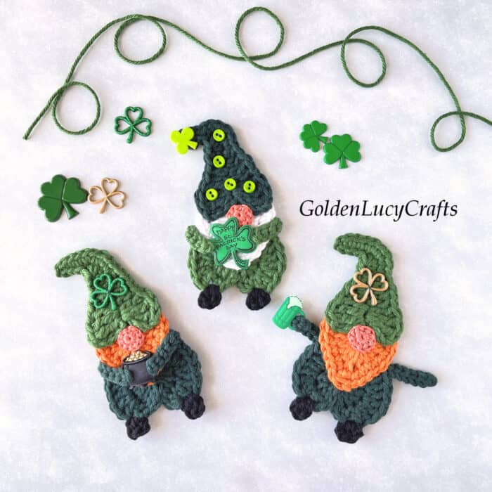 Three crochet gnomes and leprechauns for St Patrick's Day.