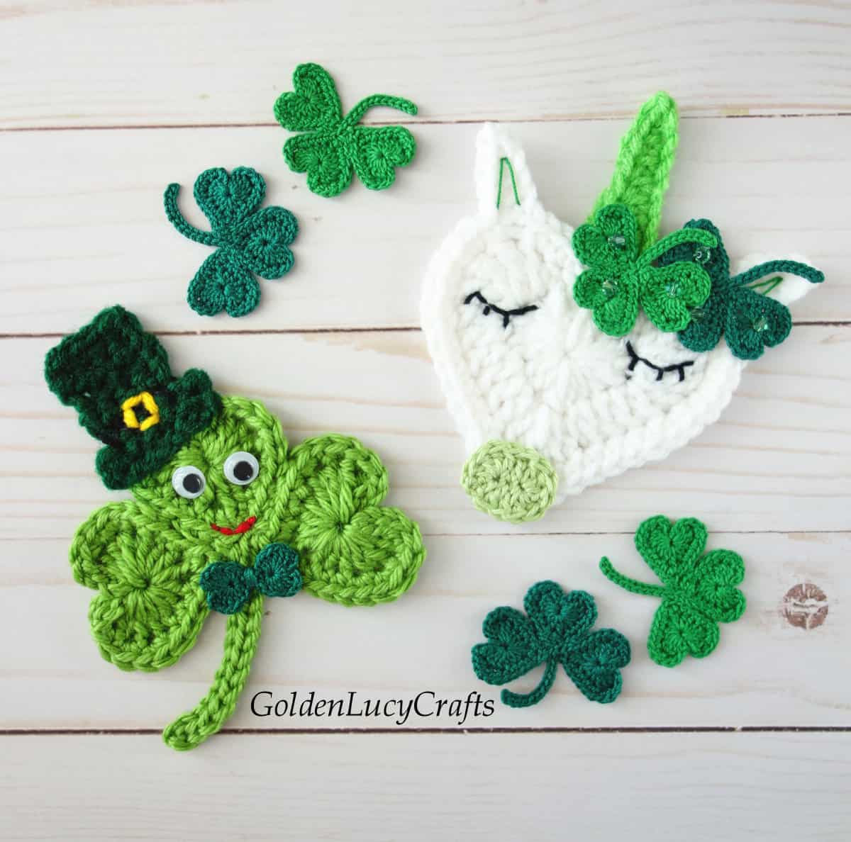 Crochet St. Patrick's Day appliques - shamrock and unicorn.
