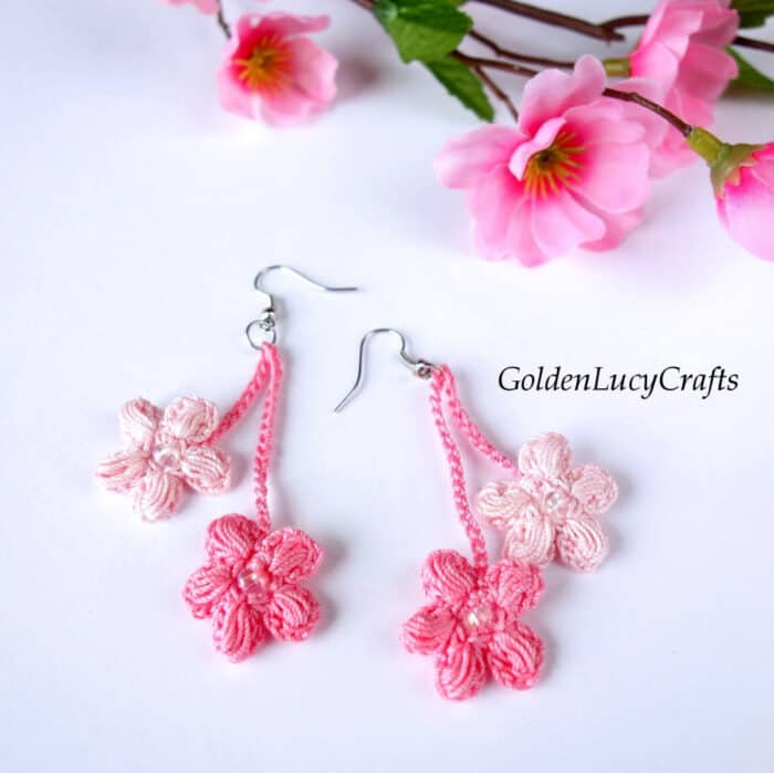 Dangling spring blossom crochet earrings.
