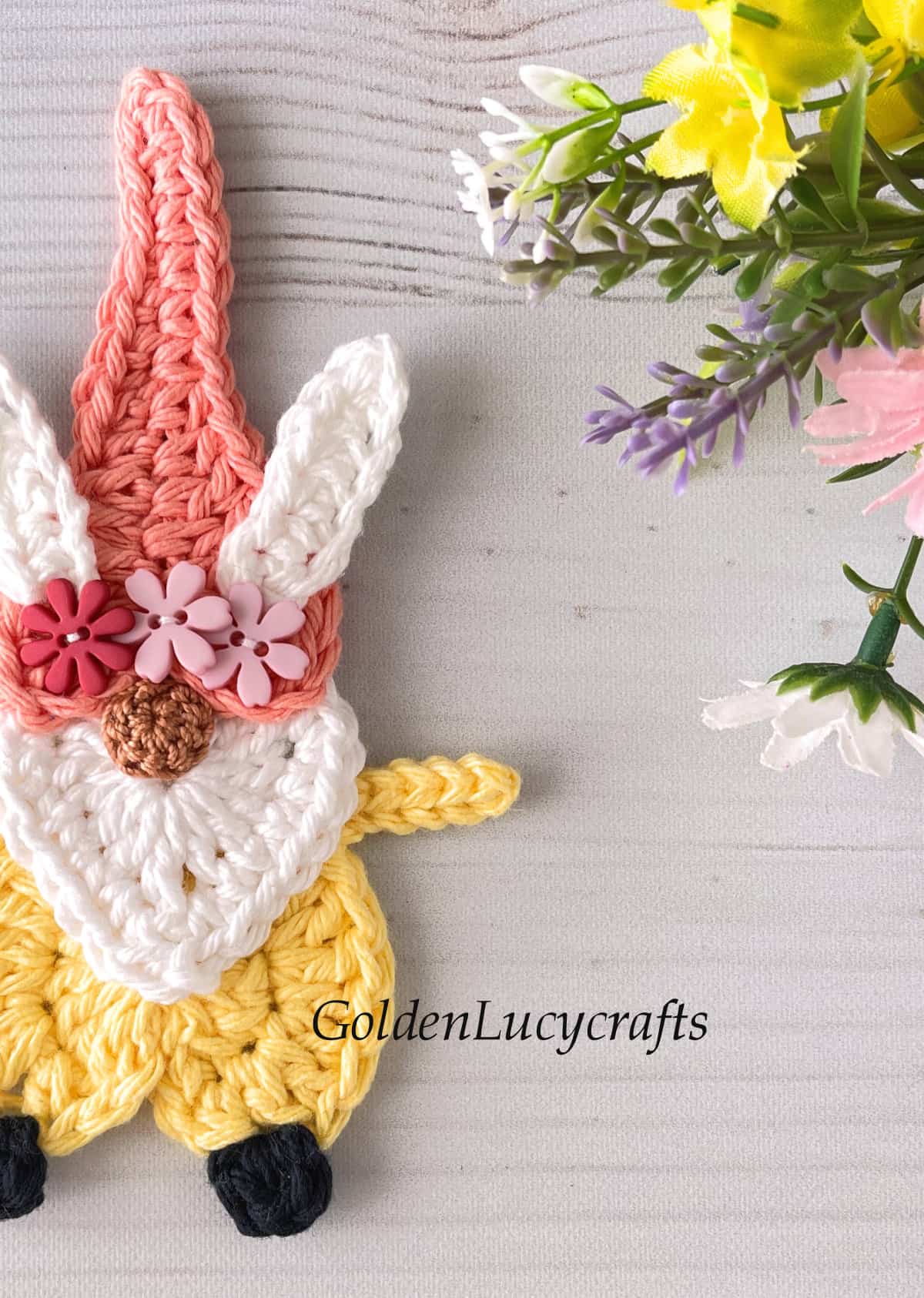 Crochet Easter gnome close up picture.