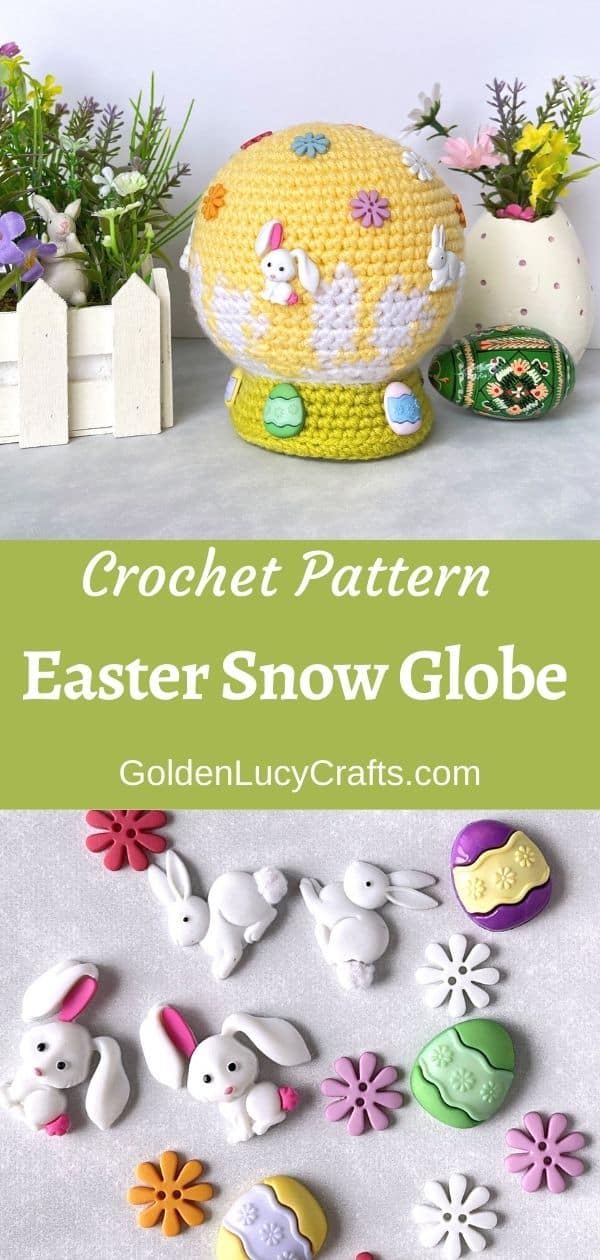 Crochet snow globe for Easter decor, craft buttons.