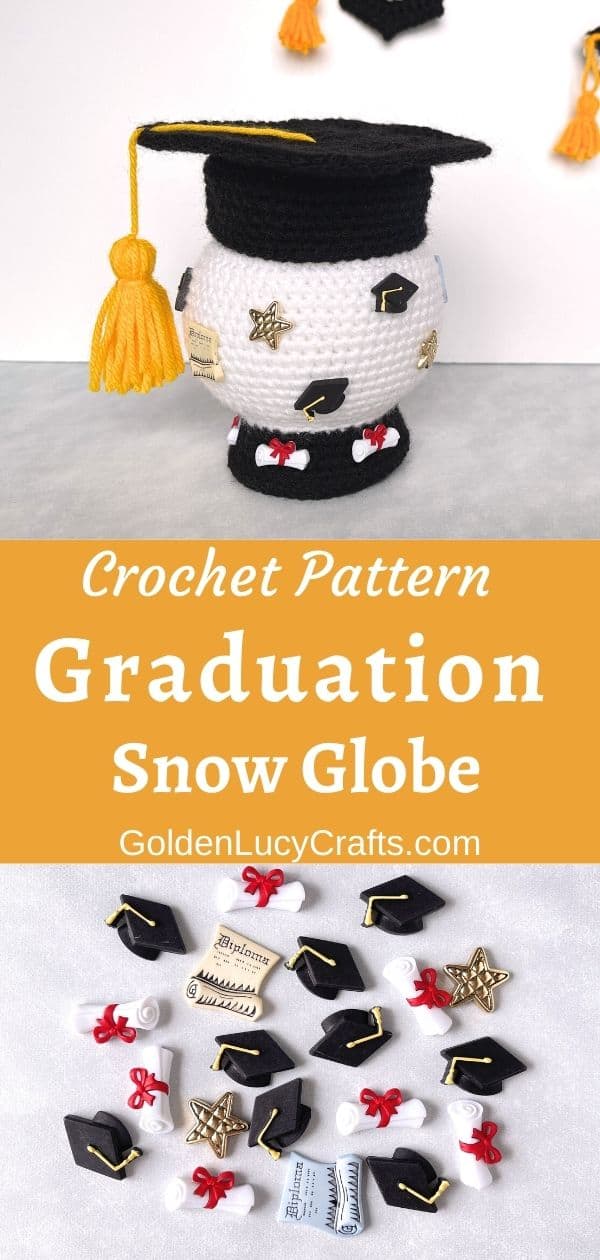 Crochet graduation snow globe toy.