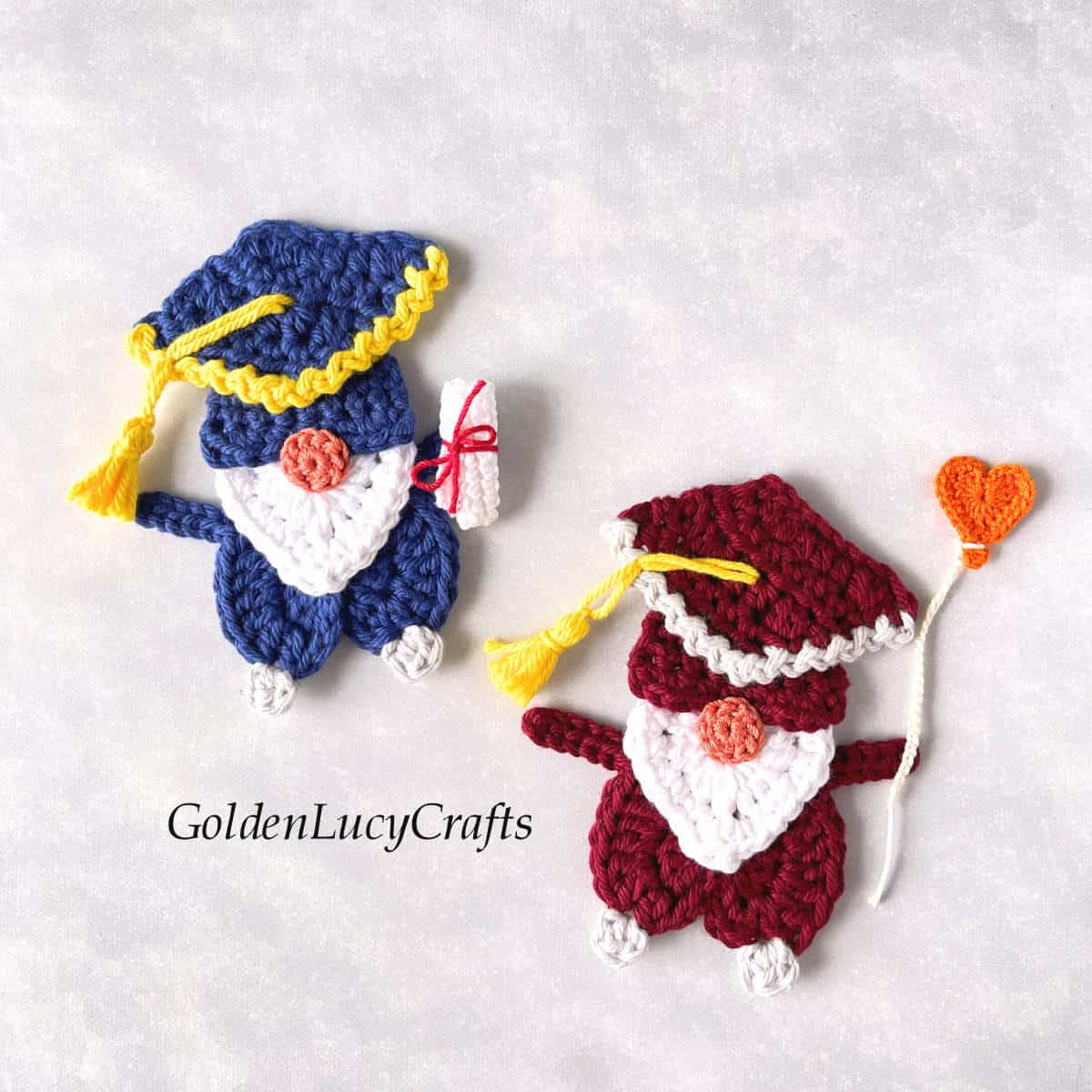Two crocheted graduation gnome appliques.