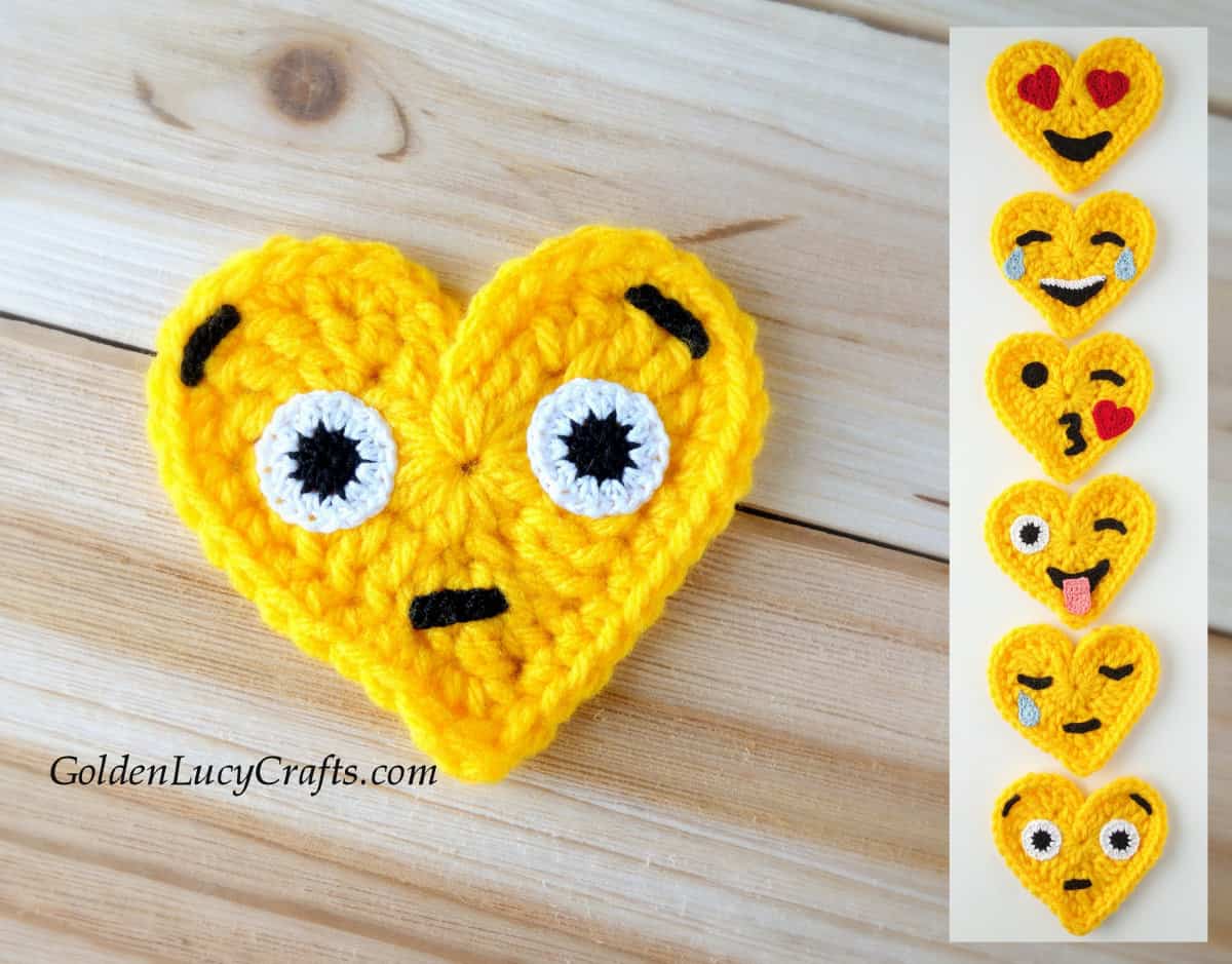 Crochet heart-shaped emoji surprised face.