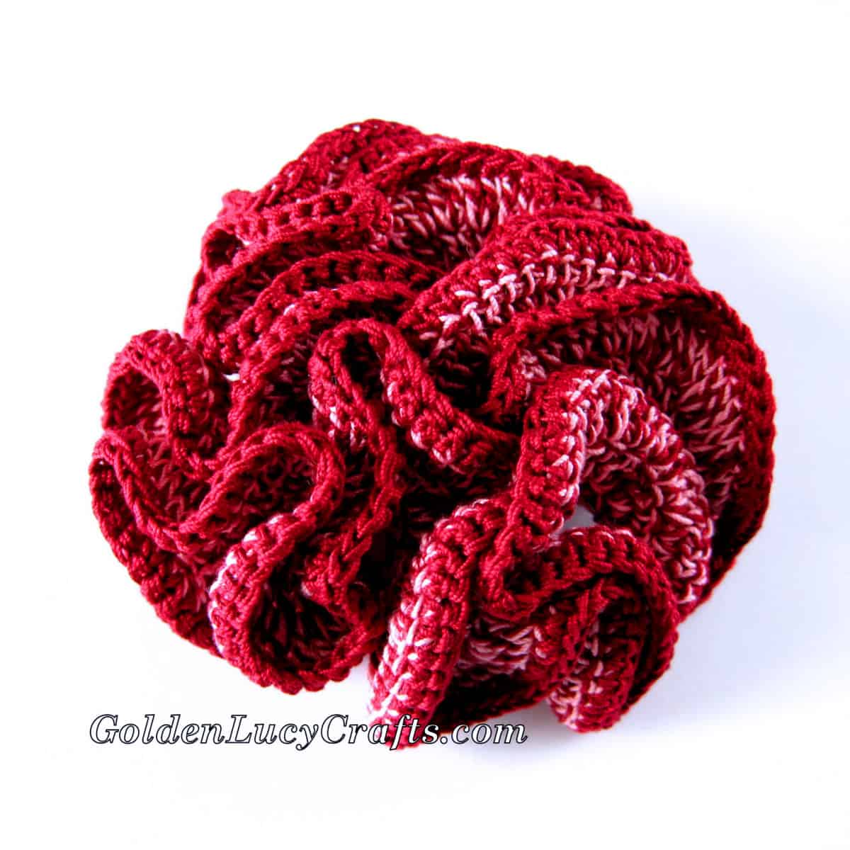 Crochet hyperbolic coral in dark red and pink colors.