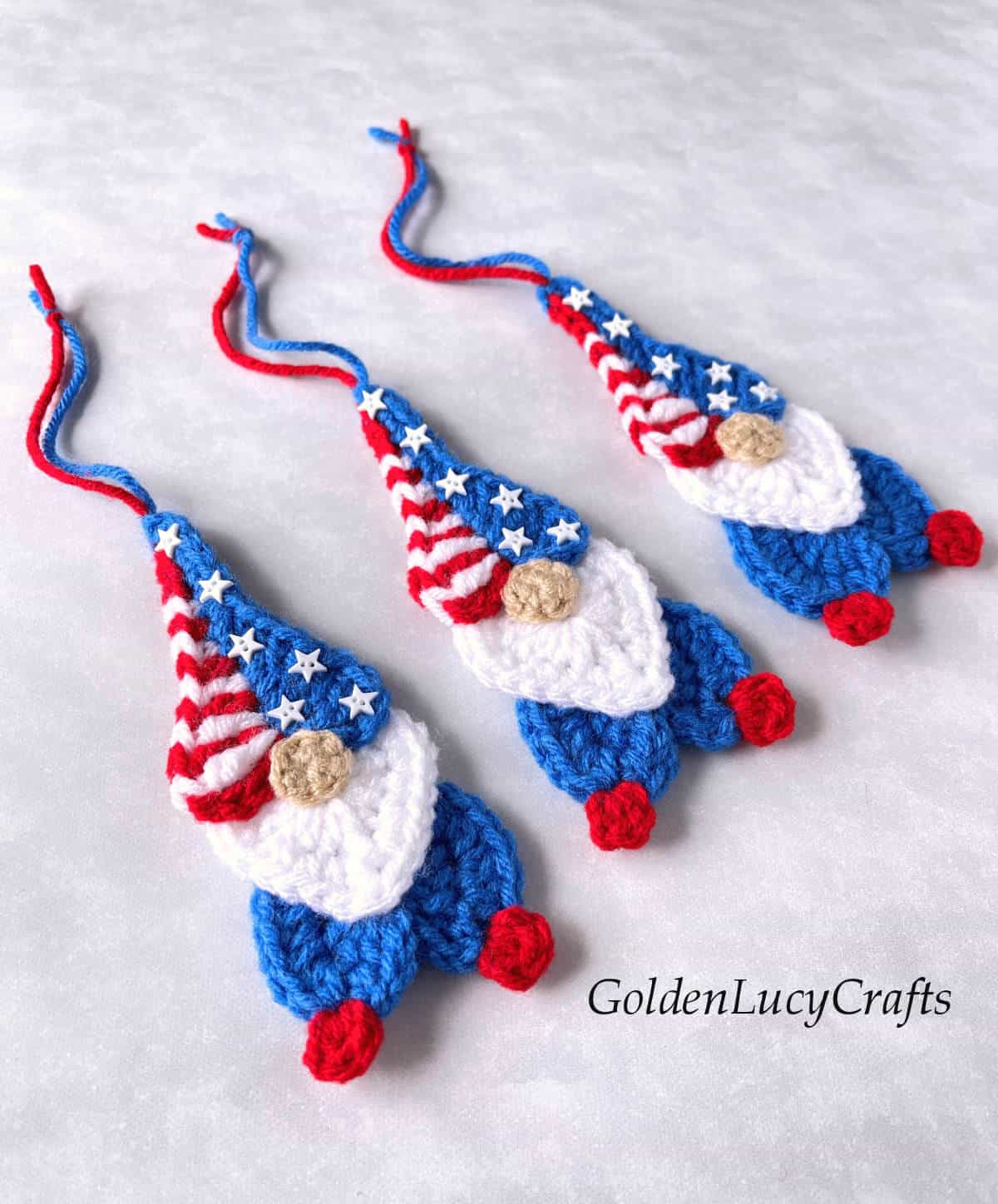 Three crocheted gnomes for Independence Day.