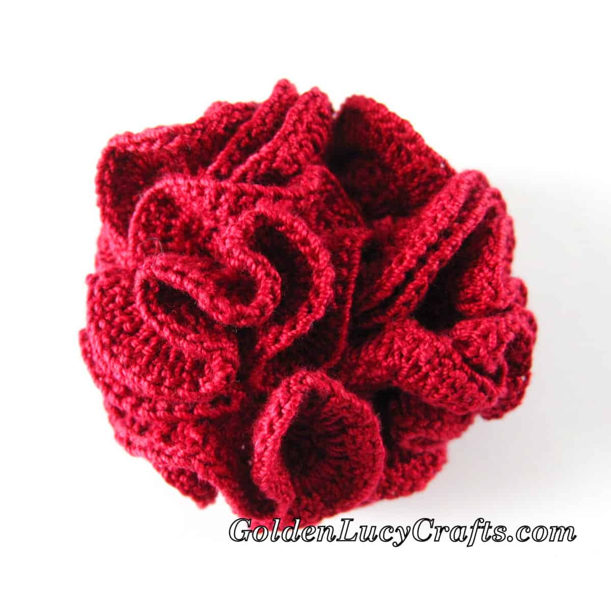 Crochet hyperbolic coral in dark red color.