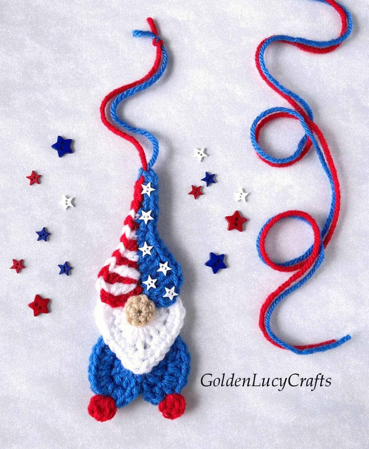 Crochet heart gnome, fourth of July ornament.