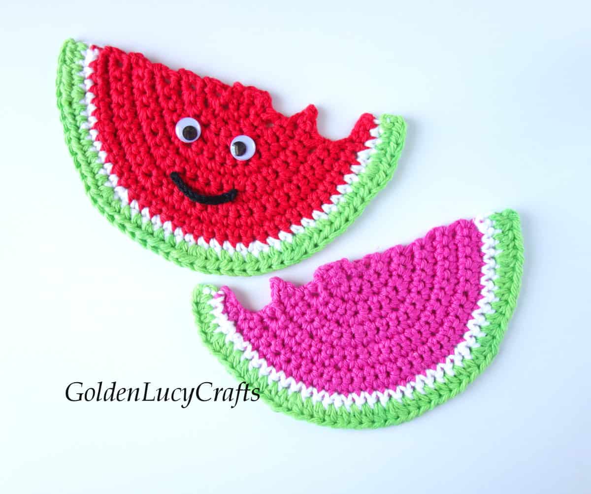 Red and pink crochet watermelon coasters.
